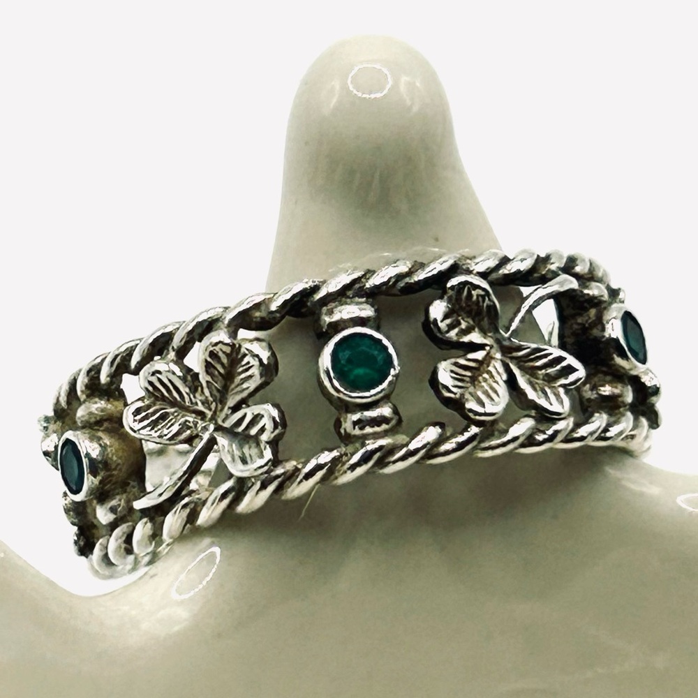 Vintage Green Agate Lucky Irish Shamrock 925 Sterling Silver Ring size 8.5 - Picture 7 of 12